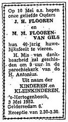 Familieadvertentie 40-jarig huwelijk J.H. Flooren en M.M. van Gils