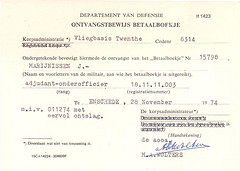 Ontvangstbewijs voor een betalingsboekje van Johannes Marijnissen, Vliegbasis Twenthe