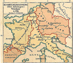Kaart van het Karolingische rijk na het verdrag van Verdun (843)