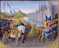 Aankomst van de kruisvaarders, waaronder Lodewijk VII van Frankrijk en Koenraad III van Hohenstaufen, in Constantinopel.