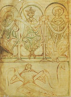 Koning Edgar gezeten tussen Sint Æthelwold, bisschop van Winchester en Sint Dunstan, aartsbisschop van Canterbury