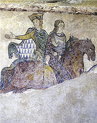 Muurschildering die geidentificeerd wordt met Eleonora van Aquitanië en mogelijk haar zoon Jan Zonder Land