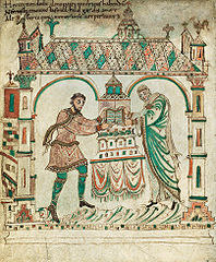 Dirk II van Holland en zijn vrouw Hildegard schenken een evangelarium aan de abdij van Egmond