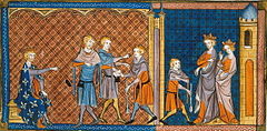 Filips II Augustus zendt een gezant (links) en deze wordt ontvangen door Hendrik II van Engeland en koningin Eleanora (rechts)