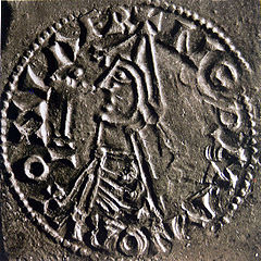 Zilveren munt (penning) van Olav de Heilige uit de periode 1023-1028.
